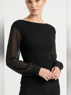 Armani Collezioni Black Smocked Bodice Sheer-Sleeve Top,  Size 8